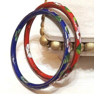 Cloisonne bangle bracelets, vintage, set of 2, red and blue cloisonne